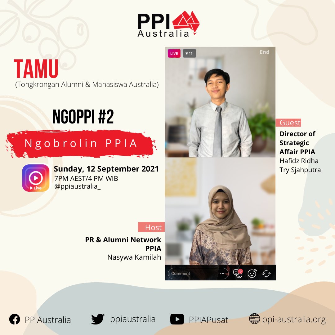 Hi everyone! PPIA is back with another podcast: TAMU (Tongkrongan Alumni &amp; Mahasiswa Australia) with the second series of NGOPPI (Ngobrolin PPIA)! This time, we will explore various topics and work programs of the Strategic Studies Department. 📖