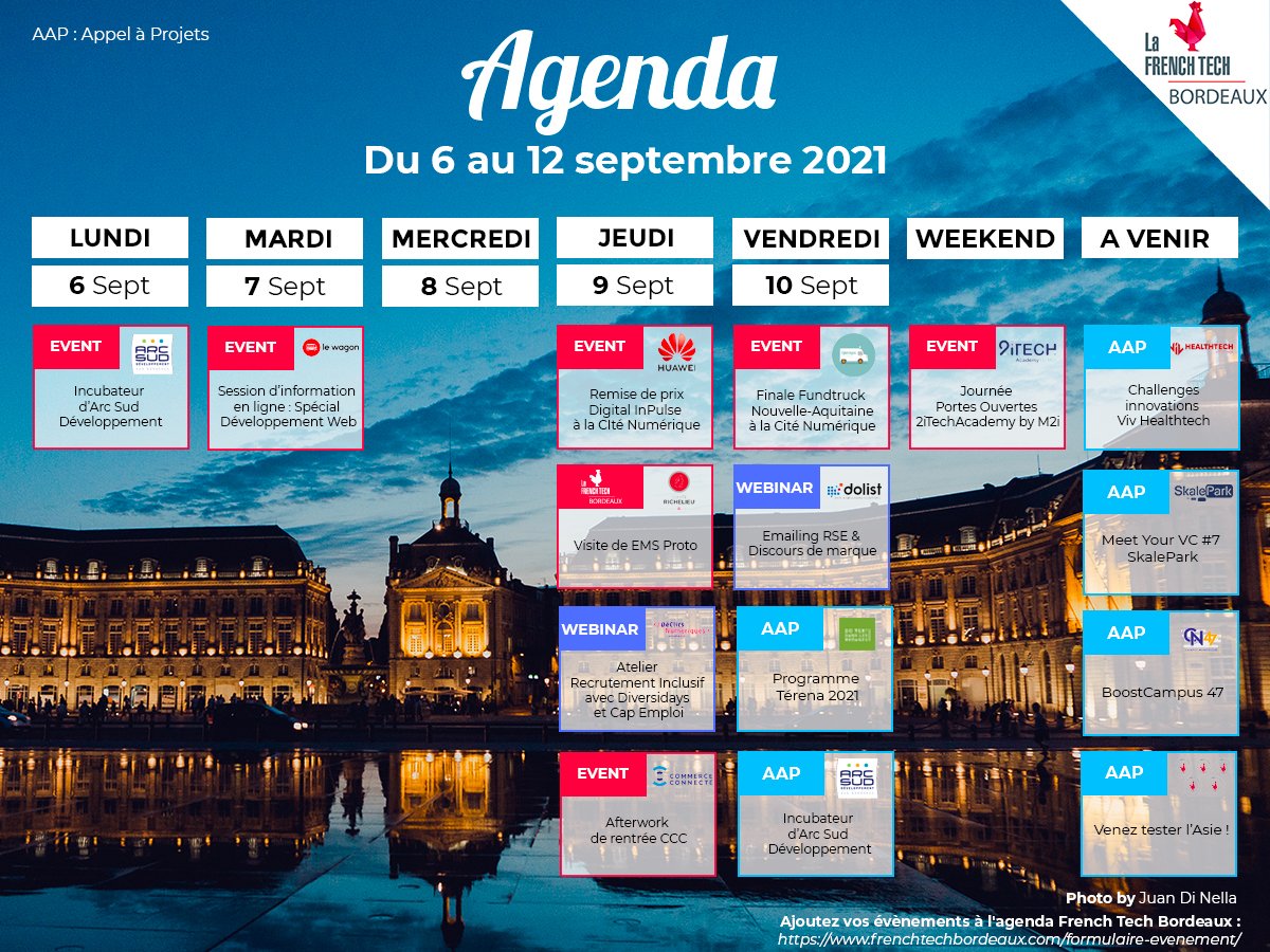 FrenchTechBdx's tweet photo. 🗓 Vos événements #FrenchTech #Bordeaux de la semaine ➡️ #FTCentralBdx, @LeWagonBordeaux, @HuaweiFr, @comiterichelieu @ClubComConnecte, @diversidays, @FundTruck, @Dolist_FR, 2ITECH, DéClics Numériques ... 🔥
Infos 👉 https://t.co/PR7mwbUoLm https://t.co/rfNyWx7Wnh