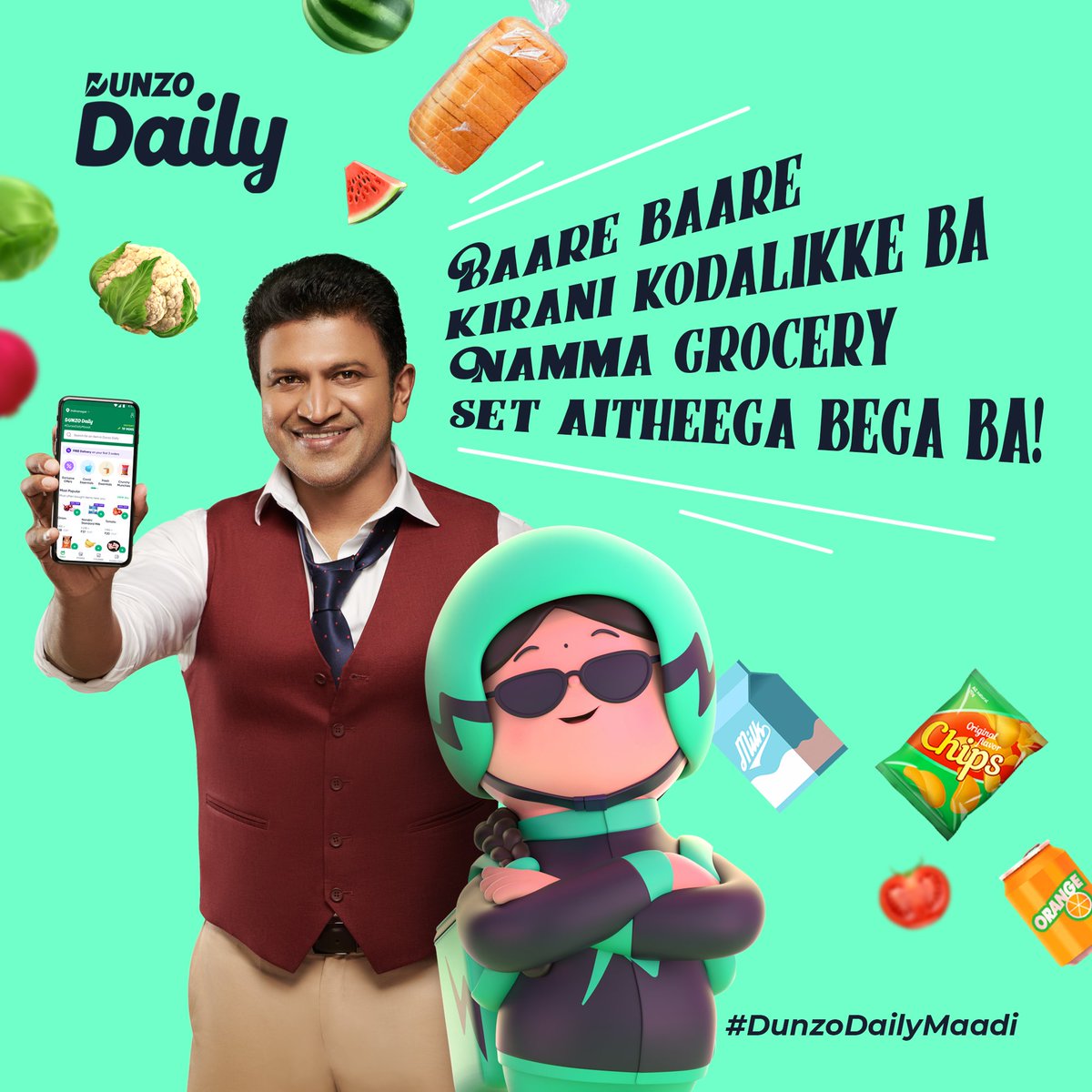DunzoIt's tweet photo. Just open our App-u and get all your grocery needs delivered in just 19 minutes on #DunzoDaily!⚡️
#DunzoDailyMaadi #DunIn19 #PuneethRajkumar #IfYouComeToday https://t.co/n6wXb4pc37
