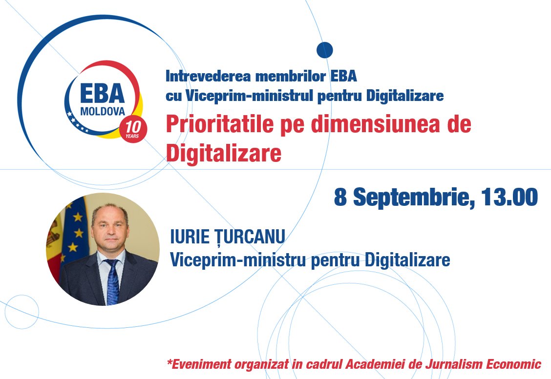 Intrevederea membrilor EBA cu Viceprim-ministrul pentru Digitalizare, asupra: Prioritatile pe dimensiunea de Digitalizare. 

Data: 8 Septembrie
Ora: 13.00 

Date de acces: info@eba.md 
*Eveniment organizat doar pentru persoanele invitate.
#EBA_Support #EBA_policy