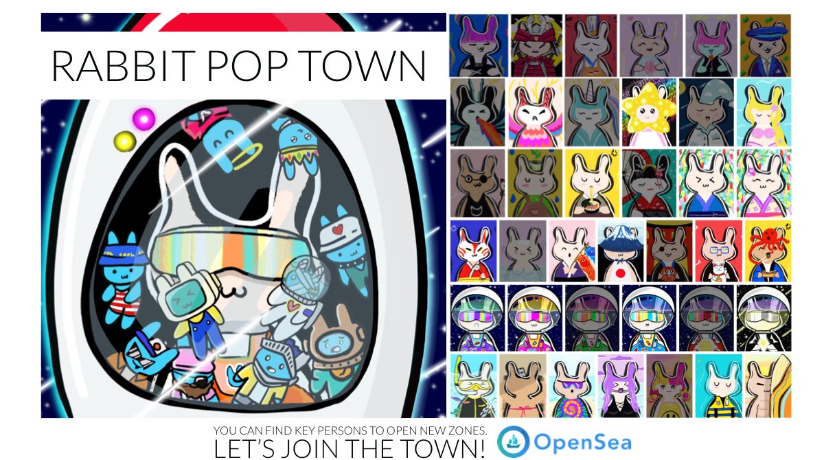 🌒Rabbit Pop Town🌋Available NOW on <a href="/opensea/">OpenSea</a> 

opensea.io/collection/rab…

The Explorer can find key persons to open NEW ZONES.
#RabbitPopTown

#NFTCommunity #NFTs #nftart #nftcollectors #NFTdrop #NFTcollection #opensea #NFTFoundation #NFTCute #NFTThai #openseaNFT #Crypto #cryptoart