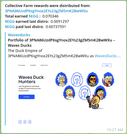 Always wanted to know how much $EGG you are earning from the collective farms and when the rewards are being paid?

Then t.me/TurtleNodeBot is the solution for you!

Just use the 
/add 3Pxxxxx
command and you are ready to go!