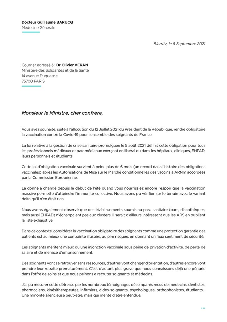 GuillaumeBarucq's tweet photo. Le courrier complet sur l’injonction vaccinale des soignants adressé au Ministère @Sante_Gouv 📩

N’hésitez pas à partager et à commenter. https://t.co/08ARjMggql