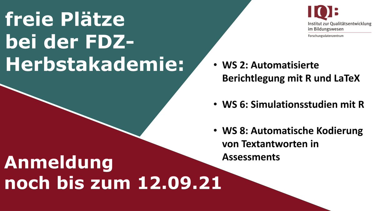 Institut zur Qualitätsentwicklung im Bildungswesen (@iqb_media) on Twitter photo Von 05. bis 08. Oktober findet wieder die vom #FDZ des <a href="/IQB_media/">Institut zur Qualitätsentwicklung im Bildungswesen</a> ausgerichtete Herbstakademie mit vielen interessanten #Methoden-Workshops statt. Hierfür gibt es noch freie Plätze 👇
Zu Anmeldung: iqb.hu-berlin.de/institut/v/v011 Von 05. bis 08. Oktober findet wieder die vom #FDZ des <a href="/IQB_media/">Institut zur Qualitätsentwicklung im Bildungswesen</a> ausgerichtete Herbstakademie mit vielen interessanten #Methoden-Workshops statt. Hierfür gibt es noch freie Plätze 👇
Zu Anmeldung: iqb.hu-berlin.de/institut/v/v011