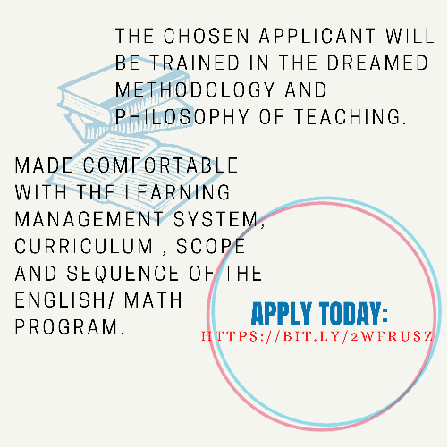 Asian American Resource Center is seeking applications from experienced and passionate English and Math teachers for their Project DreamEd-an After School Supplemental Learning Program. Applicants should be enthusiastic, love English and enjoy teaching young children w/ patience.