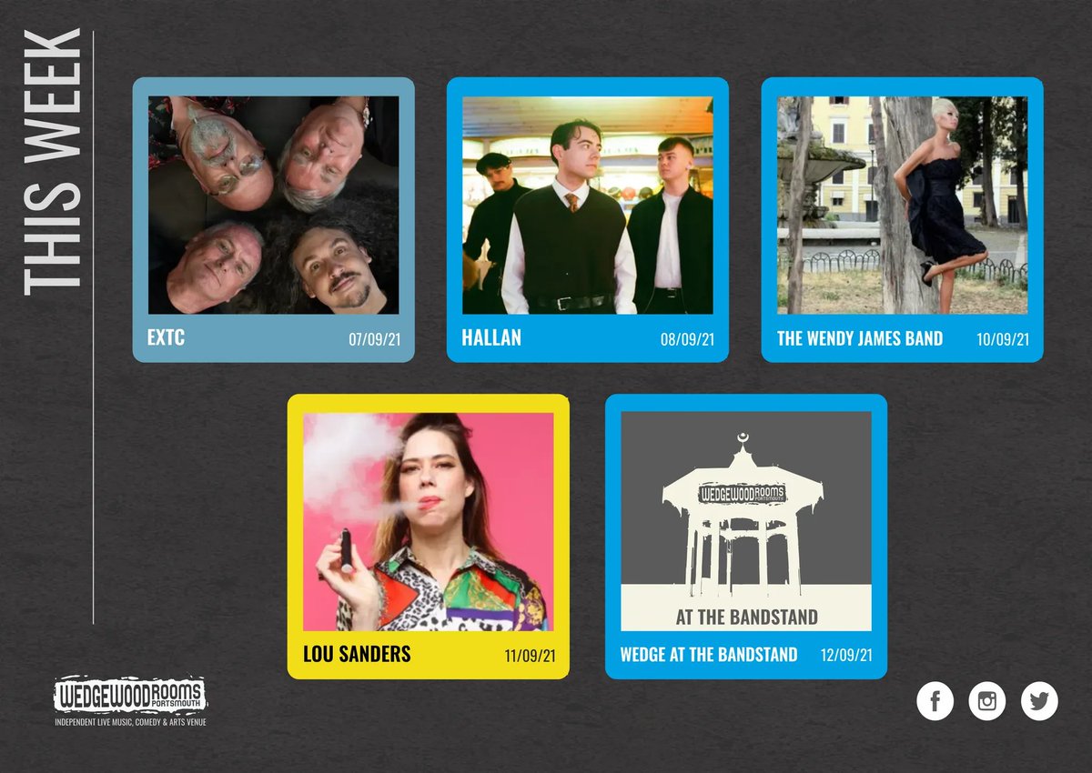 This week at the wedge😍

EXTC (@SquareRootsProm)

<a href="/HallanBand/">Hallan</a> with <a href="/slantband/">SLANT</a> &amp; <a href="/fakeempireUK/">Fake Empire</a>

<a href="/THEWENDYJAMES/">THE WENDY JAMES</a> with Paul Groovy and the Pop Art Experience

<a href="/LouSanders/">Lou Ann Sanders</a>

Wedge at the Bandstand - Fake Empire, <a href="/tomwellsmusic/">Tom Wells (Fast Trains) 🙌</a>, <a href="/Me_AndTheMoon/">MeAndTheMoonOfficial</a> &amp; <a href="/MeganLinford/">Megan Linford</a>

Tickets from our bio🙌