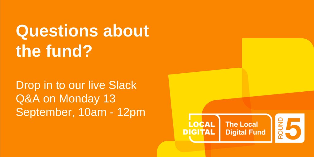 Local Digital UK Gov (@ldgovuk) on Twitter photo Join us for a live Slack Q&A where the team will be on hand to answer all your #LocalDigitalFund questions.
📅 Monday 13 September, 10am - 12pm
📍 Drop in to the 'mhclg-fund' channel on <a href="/LocalGovDigital/">LocalGov Digital</a> Slack
👉 New members register here (#LocalGov only): localgov.digital/membership Join us for a live Slack Q&A where the team will be on hand to answer all your #LocalDigitalFund questions.
📅 Monday 13 September, 10am - 12pm
📍 Drop in to the 'mhclg-fund' channel on <a href="/LocalGovDigital/">LocalGov Digital</a> Slack
👉 New members register here (#LocalGov only): localgov.digital/membership