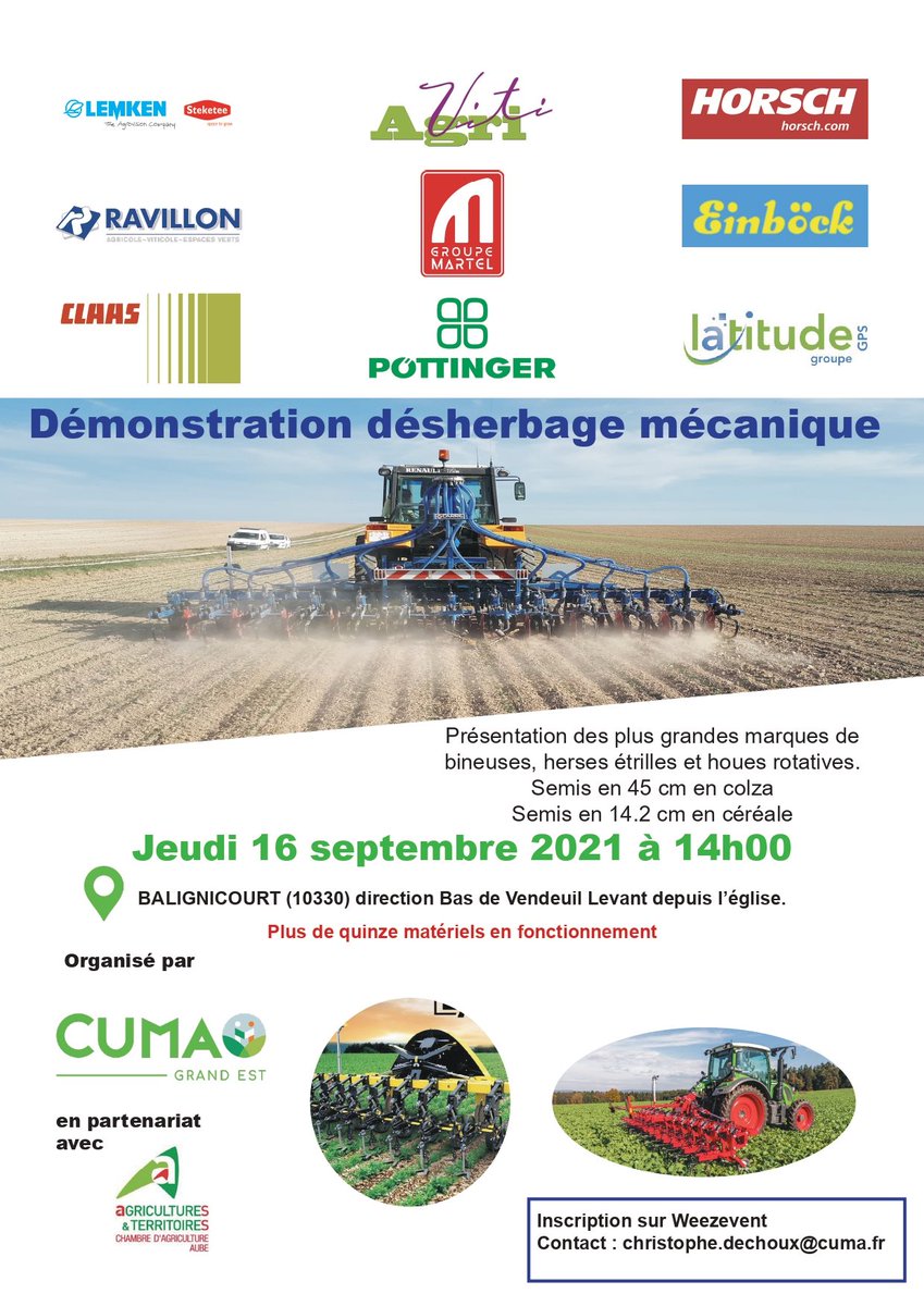 [📍 Désherbage mécanique 🌱 ]
📅chers <a href="/Fragritwittos/">FranceAgritwittos♥️</a> <a href="/Agridemain/">#agridemain</a>, Jeudi 16 septembre à partir de 14h à Balignicourt (10330)
🚜 Notre bineuse <a href="/phenixagsystem/">PHENIX AGROSYSTEM</a> sera en démonstration dynamique dans les cultures de #colza et #betterave
📣 Venez nombreux 📣
👉latitudegps.com