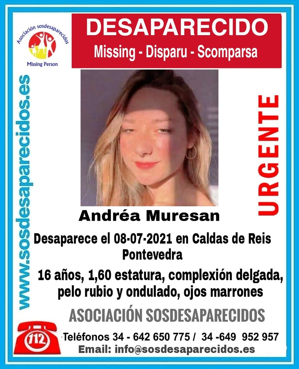 🆘#MUYURGENTE⚠️
Seguimos buscando a Andrea, una #menor que ha #desaparecido en Caldas de Reis #Pontevedra
Si la ves llama:
☎062
☎112
#Colabora, tu RT puede ayudarla.