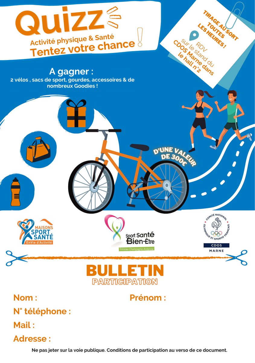 📣 Foire de Châlons
▶ Retrouvez nous demain et jeudi 09 Septembre sur le stand du <a href="/CdosMarne/">CDOS Marne</a> (Hall n°2) et tentez de gagner un VÉLO d'une valeur de 300€ ainsi que de nombreux goodies : Sacs de sport, sacs à dos, gourdes, gobelets ...