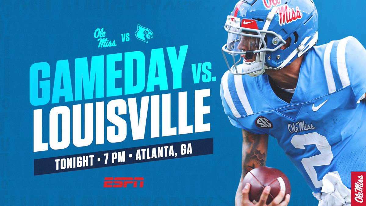 OleMissFB's tweet photo. 𝙶𝙰𝙼𝙴𝙳𝙰𝚈 🏈
 
🆚 Louisville
📍 Atlanta, Ga.
🏟 Mercedes-Benz Stadium 
🕖 7 p.m. CT
📺 ESPN
🖥 https://t.co/5ol7sLNbCw
🔈 https://t.co/K6YZdCcBTZ
📊 https://t.co/rGHytCPUfB https://t.co/SkBsBTwY7G