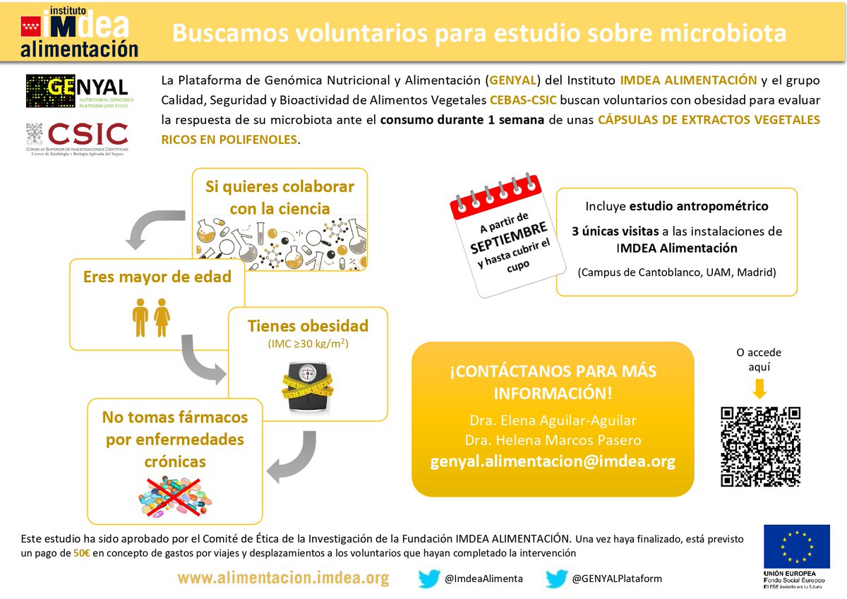 📢¡<a href="/GENYALPlatform/">GENYAL Platform</a> busca personas voluntarias para estudio sobre #microbiota ante el consumo de cápsulas de extractos vegetales!
Si quieres colaborar con la ciencia y
✔️ > 18 años
✔️Tienes obesidad
✔️ No tomas fármacos por enfermedades crónicas

📧 genyal.alimentacion@imdea.org