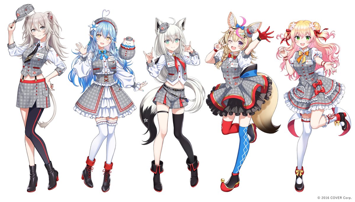 momosuzu nene ,omaru polka ,shishiro botan ,yukihana lamy animal ears multiple girls fox ears tail thighhighs lion ears green eyes  illustration images