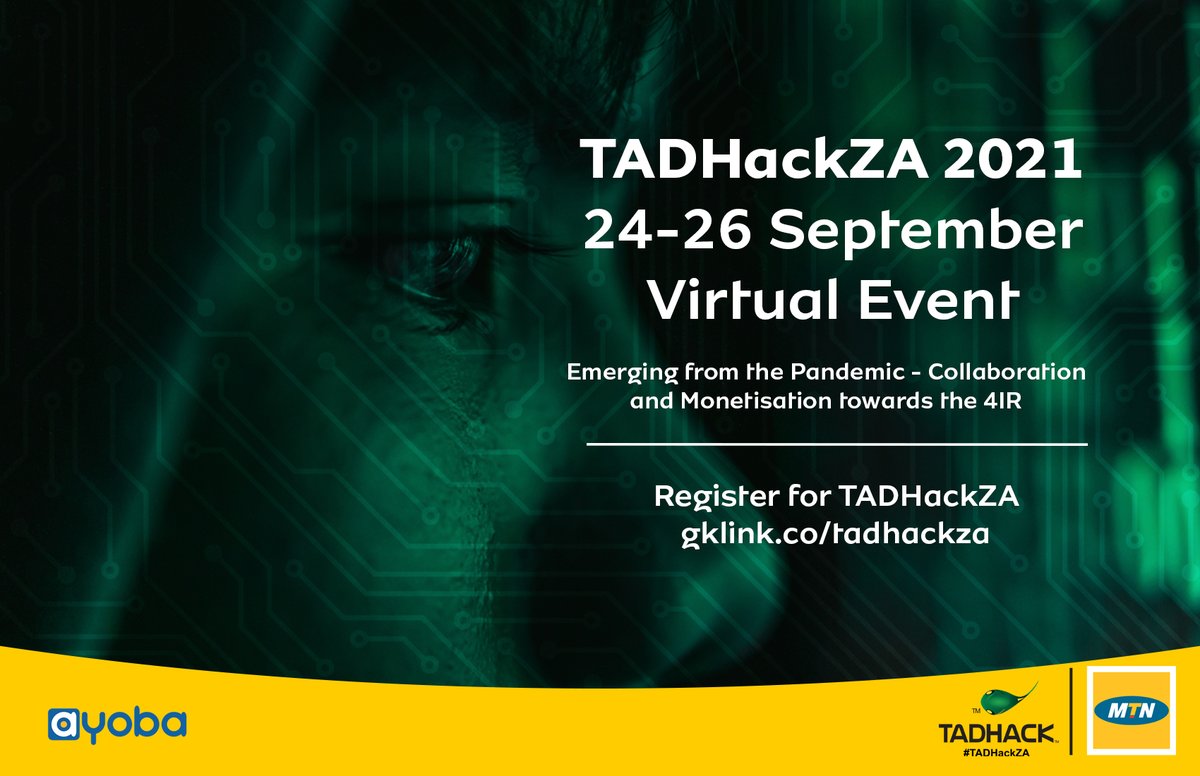 Has your team registered for <a href="/TADHackZA/">TADHackZA</a> yet? Time is running out. Let's meet on the virtuals, 24 - 26 September 2021. 

REGISTER: gklink.co/tadhackza

#TADHackZA is proudly brought to you by <a href="/MTNza/">MTN South Africa</a>.