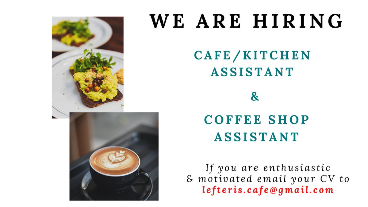 We are on the lookout for experienced kitchen staff and coffee shop assistant, both full and part time. Send your CV if you are interested.