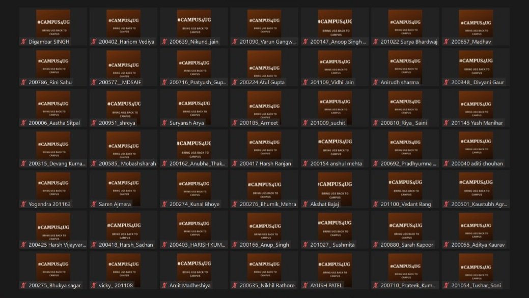 agrawalp2001's tweet image. The profile picture of every single @IITKanpur student while attending an online lecture. The picture says #Campus4UG

Students are frustrated that some IITs are not opening campuses for their B. Tech. Students wants to be in campus for an effective learning.
#IITMadras