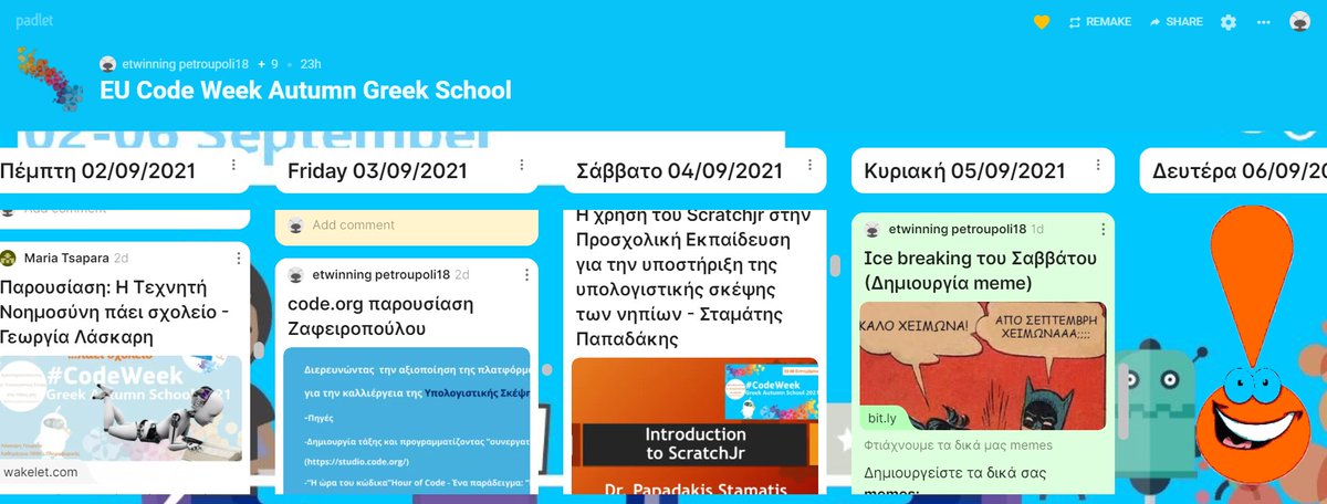 athzafei11's tweet image. 😊Today is day 5 in the Autumn Greek @CodeWeekEU School 2021🎉 👀forward to more inspiring practices 👾🧩Also, we introduce @EUN MOOCs 🎯#CodeWeekBootcamp &amp;amp; coding through #eTwinning💞Ready to pin 🚩on #CodeWeek map new events? @Maria_Tsapara @margaritadakor3