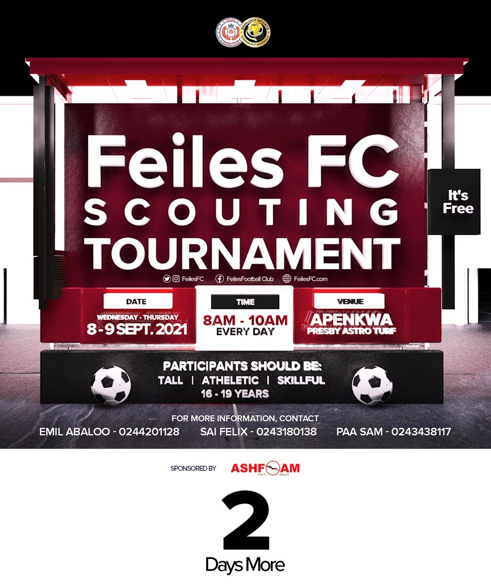 feilesfc's tweet photo. 2 Days More 🔥
@ashfoamghana
@emilabaloo
@leslie_danluct
#football #scout #scouting #ghana #ghanafootball #star #superstar #tournament #feiles #feilesfc #ashfoam #africa #dreams #talent #danluct #player #game #justify #soccer #skills #skill #skillful #global #world https://t.co/Fzr2IsDA4c