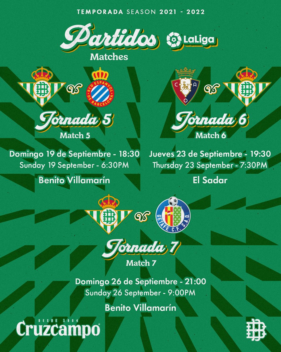 RealBetis's tweet photo. ¡Nuevos horarios! 🆕⌚

Estas son las fechas para las jornadas 5, 6 y 7 de @LaLiga 📅✅ https://t.co/nUMVvMSmDQ
