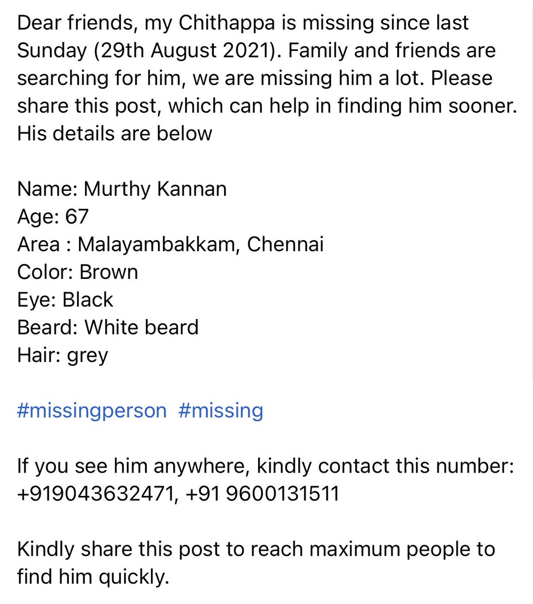 balajidtweets's tweet photo. My friend’s Chithappa is missing since last Sunday (29th August 2021). 

Please share this tweet with his image &amp; full details, which can help in finding him sooner.

 #missing #Verified 

If you see him anywhere, kindly contact this number: +919043632471, +91 9600131511 https://t.co/hQKDYHYNiF