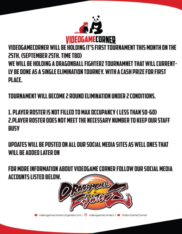 Videogamecorner will be holding its first tournament this month. For more more information follow us on our other social media pages listed above and more to come. 

#DragonBall #DragonBallZ #DragonBallSuper #DragonBallFighterZ  #videogame #videogametournament #gametournment