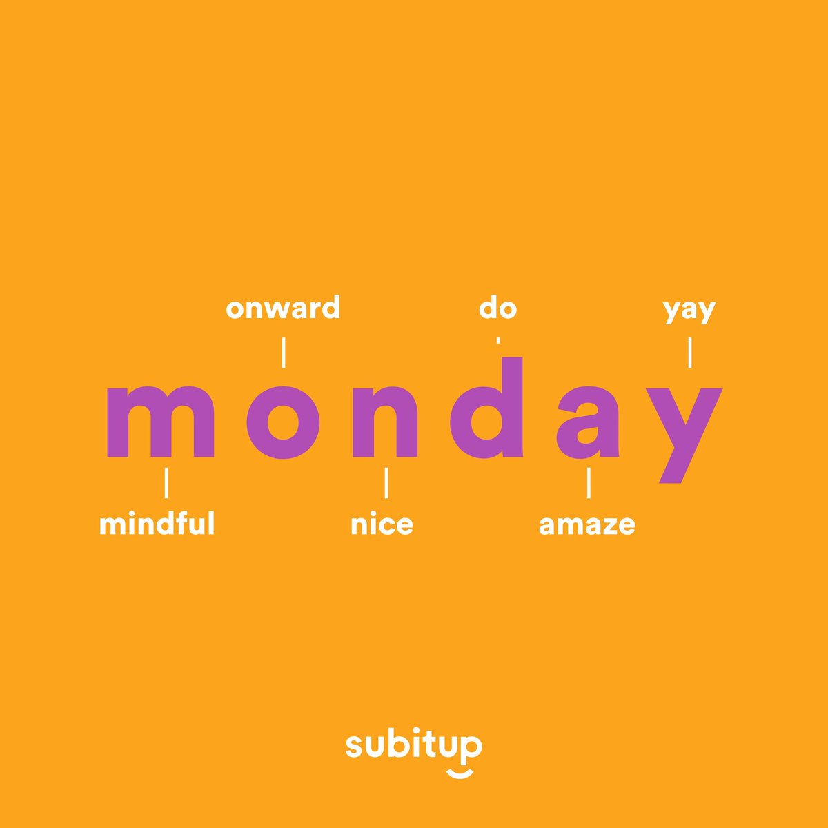 SubItUp's tweet image. Monday has nothing on you. Think mindfully, move ahead, be kind, get it done, amaze people while you do it and celebrate with them. #motivationmonday