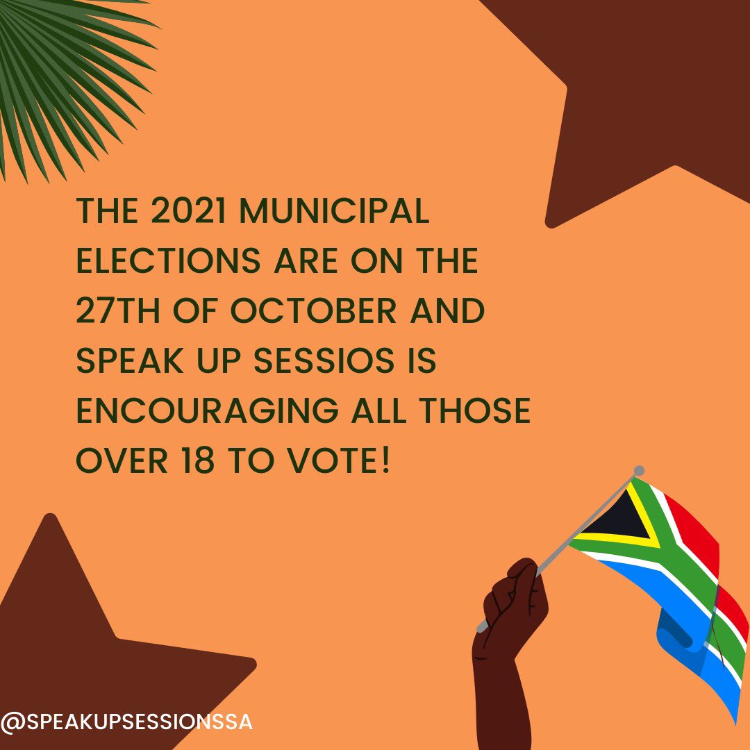speakupsession's tweet photo. We at Speak Up Sessions encourage our members to actively take part in finding the solution!

Your vote matters in making our country better so do your part and vote in this years Municipal Elections 🗳 🇿🇦 https://t.co/t1BDM4XdcR
