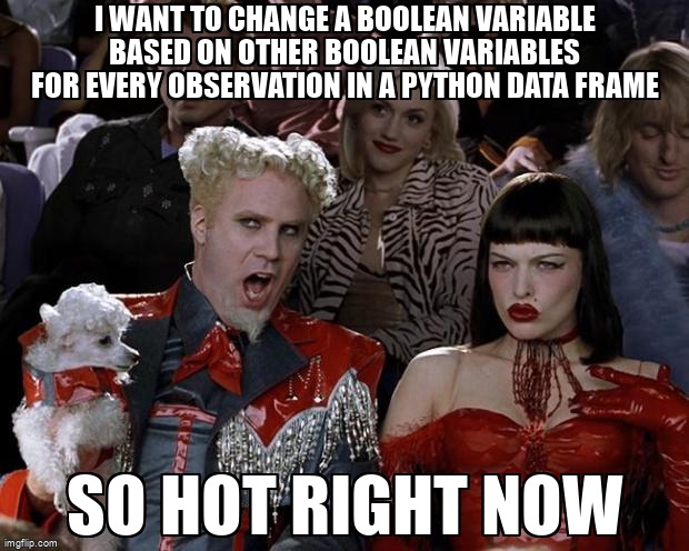 overflow_meme's tweet image. I want to change a boolean variable based on other boolean variables for every observation in a Python data frame stackoverflow.com/questions/6906… #python #booleanexpression #dataframe