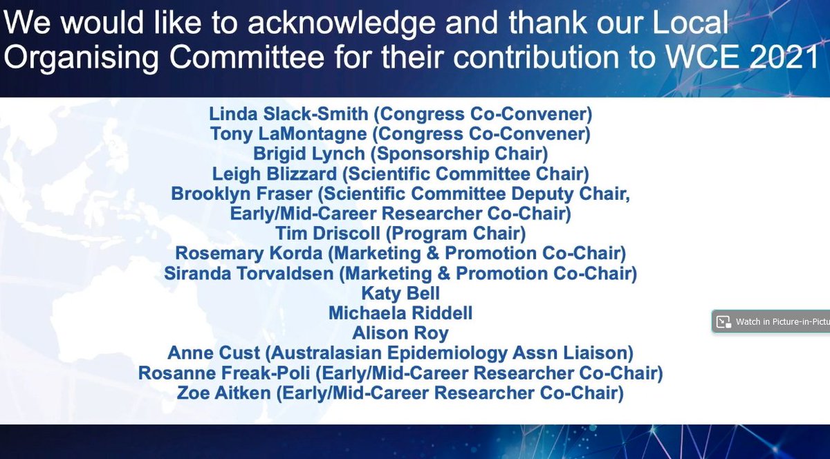WEpi2021's tweet photo. The #WCEpi2021 chairs thank sponsors, organising committee members, sub-committees, and abstract reviewers, as well as all keynote speakers and all presenters, in the live and on demand programs 
Thank you @lindaslacksmith, Tony LaMontagne and @drbrigidmlynch.
#WCEpi2021 https://t.co/HtSCDfUdDH