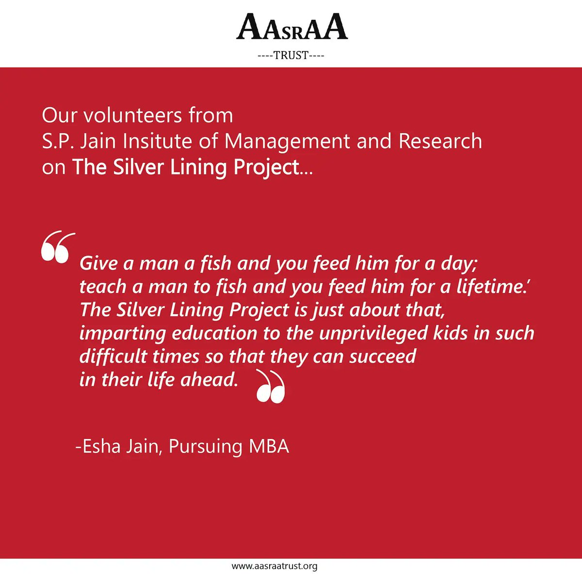 AasraaTrust's tweet photo. Last month, two of our wonderful volunteers from @SPJIMR worked with us & helped us in analyzing and assessing the impact of #TheSilverLiningProject
We loved having them with us in our journey, although briefly
We are touched by the kind words they had to say about our work. ❤ https://t.co/3iDs6HDB1U