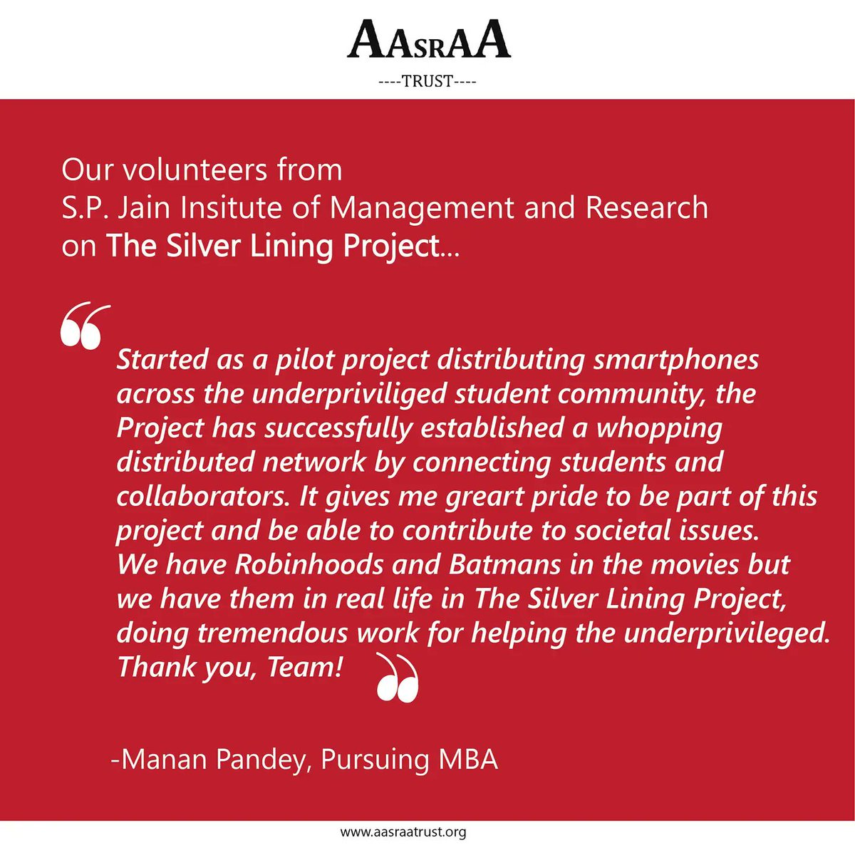 AasraaTrust's tweet photo. Last month, two of our wonderful volunteers from @SPJIMR worked with us & helped us in analyzing and assessing the impact of #TheSilverLiningProject
We loved having them with us in our journey, although briefly
We are touched by the kind words they had to say about our work. ❤ https://t.co/3iDs6HDB1U