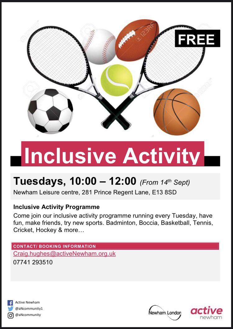 aNCommunity1's tweet photo. Join the fun every Tuesday from September 14th at our Inclusive Activity Programme 🏀
With Baskerball, Cricket, Badminton, Tennis and much more available for Free 🥎 ⚽️🏸🏏
Weekly sessions from 10:00 - 12:00
#activeNewham #InclusiveNewham #SportsForAll #activeYou https://t.co/0ycRoWa1ZX