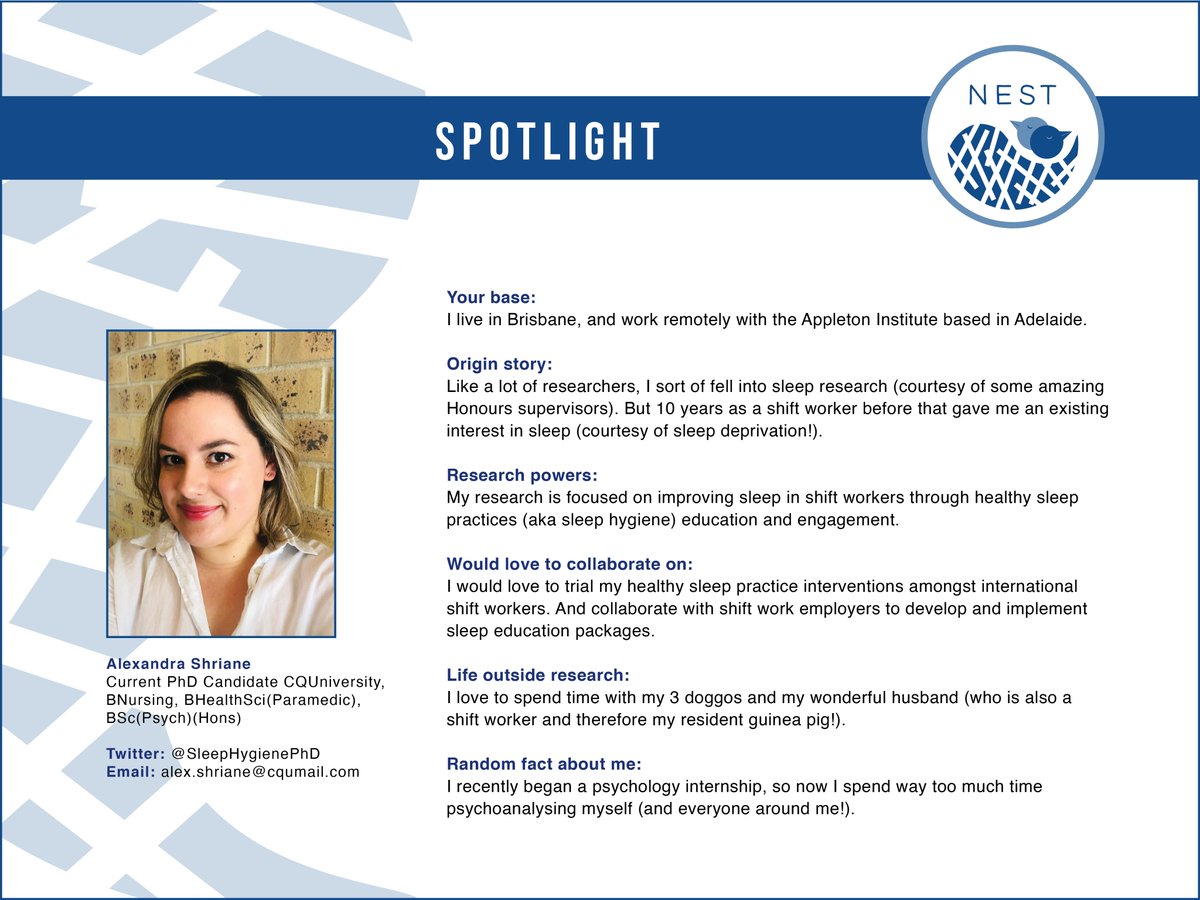 ASA NEST (@asa_nest) on Twitter photo Time for our next Nest Spotlight! Each week we will be profiling an awesome ECR in the sleep field. Say hi to <a href="/SleepHygienePhD/">Alexandra Shriane</a> - a PhD candidate with <a href="/CQUni_Appleton/">Appleton Institute</a> 👋 Alex's research focusses on sleep hygiene in shiftworkers 😴😴 #sleep #sleeppeeps Time for our next Nest Spotlight! Each week we will be profiling an awesome ECR in the sleep field. Say hi to <a href="/SleepHygienePhD/">Alexandra Shriane</a> - a PhD candidate with <a href="/CQUni_Appleton/">Appleton Institute</a> 👋 Alex's research focusses on sleep hygiene in shiftworkers 😴😴 #sleep #sleeppeeps