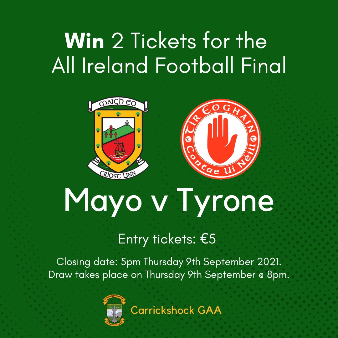 Win 2 tickets for this weekend's All Ireland Senior Football Final <a href="/MayoGAA/">Mayo GAA</a> v <a href="/TyroneGAALive/">Tyrone GAA</a>.  

Raffle tickets: €5

Draw takes place Thursday 9th September.

Click here to enter ⬇️
klubfunder.com/Clubs/Carricks…