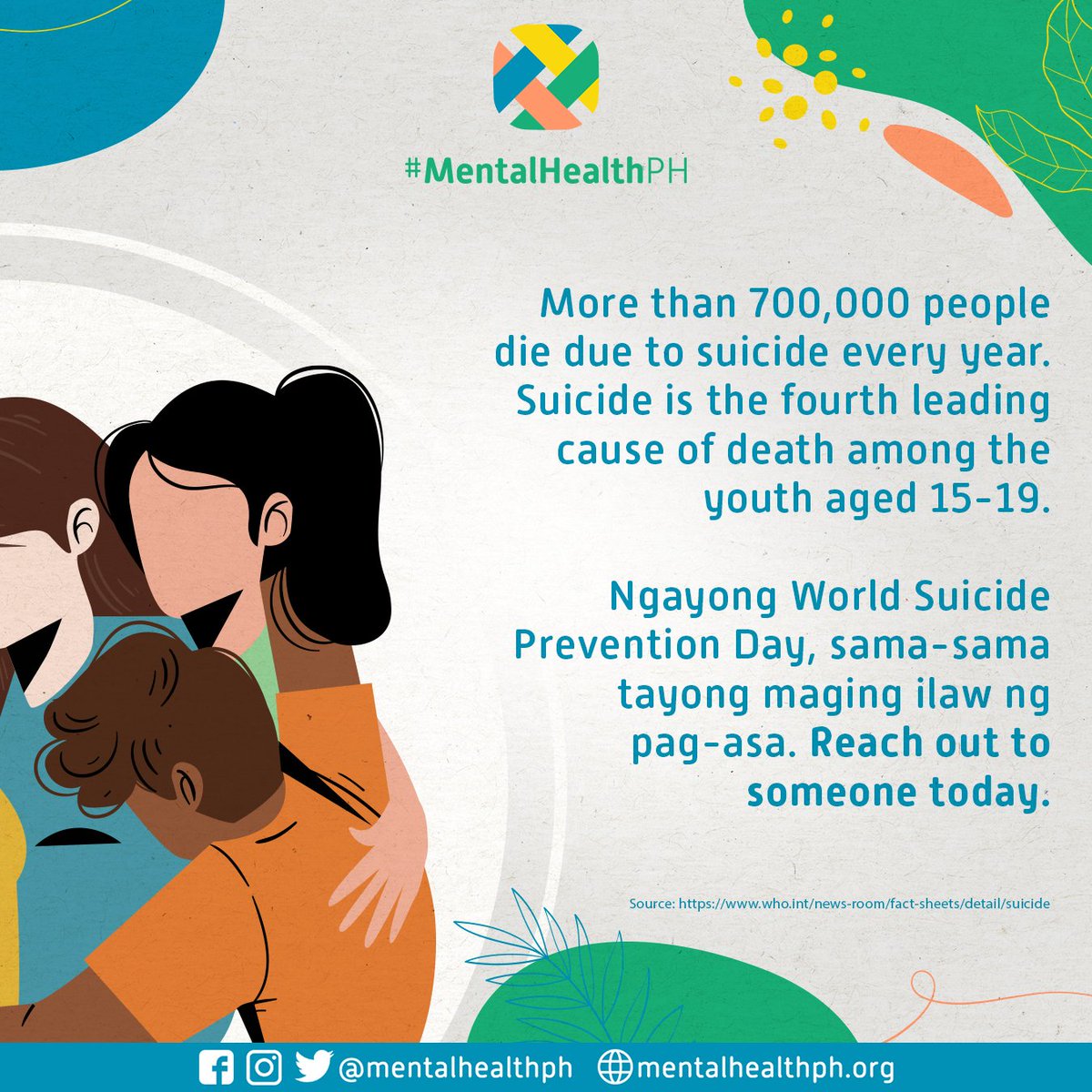 Ngayong #WorldSuicidePreventionDay, sandaling huminto at kumustahin ang mga nasa paligid mo. Your actions can save a life today. #MayKaramayKa. 
 
If you need professional help, check this out:  mentalhealthph.org/directory/ or you may call NCMH's 24/7 Crisis Hotline:​ 0917-899-8727