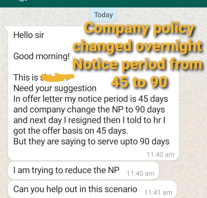Overnight company changed policy of #noticeperiod from 45 to 90 days.

Should the company not give headup of atleast 3 months about any major #PolicyChange ? 

@FiteIndia @FITEMaharashtra @OneMillionIT @ielavarasanraja