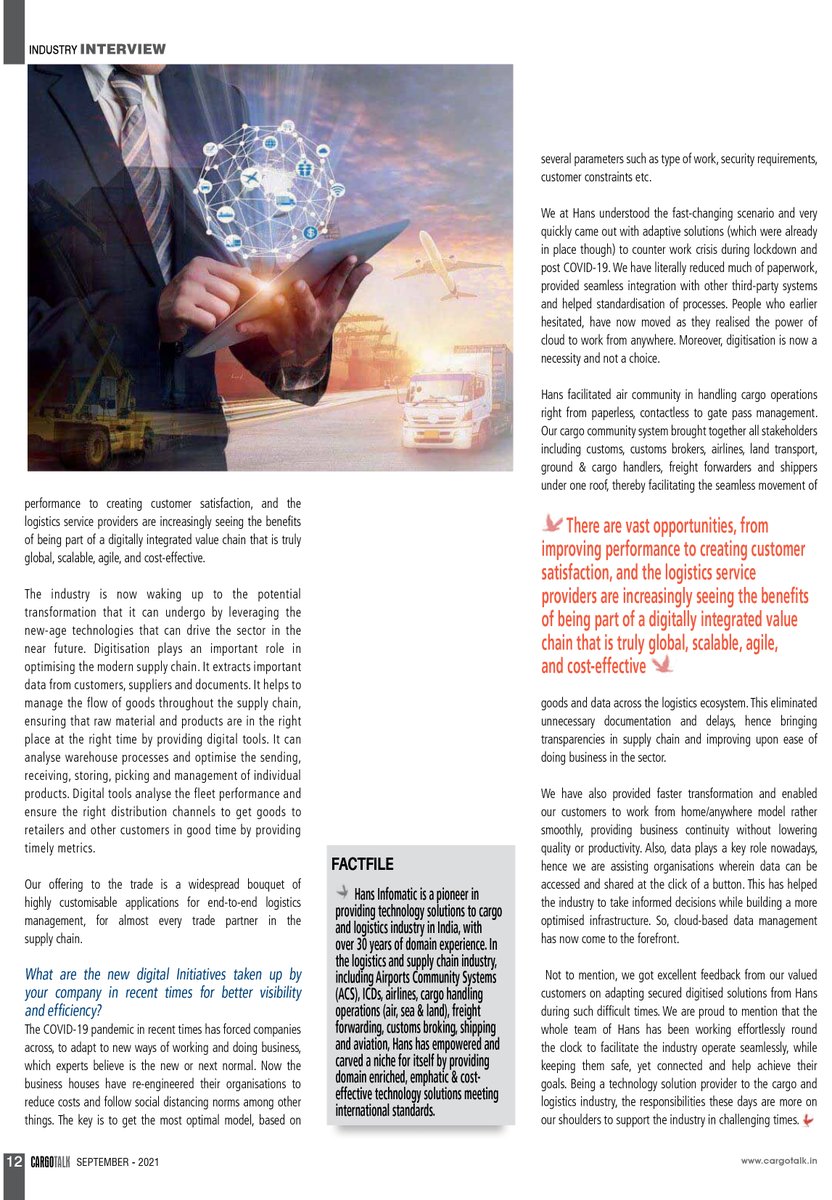 hansinfomatic1's tweet photo. Views of Mr. Parvinder Singh, M.D. Hans Infomatic on, "How technology has enabled the supply chain industry to overcome the hurdles in the new normal", covered by CargoTalk.

Read the full story here. https://t.co/0ZfeygywpO