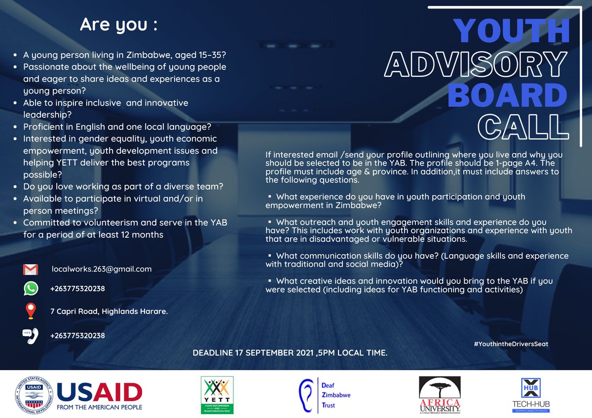 Youth Advisory Board Call for application. Follow the link below for more information. 
facebook.com/87885430885910…

#YouthinthedriversSeat  
#YouthCanWe 
#Youthlead