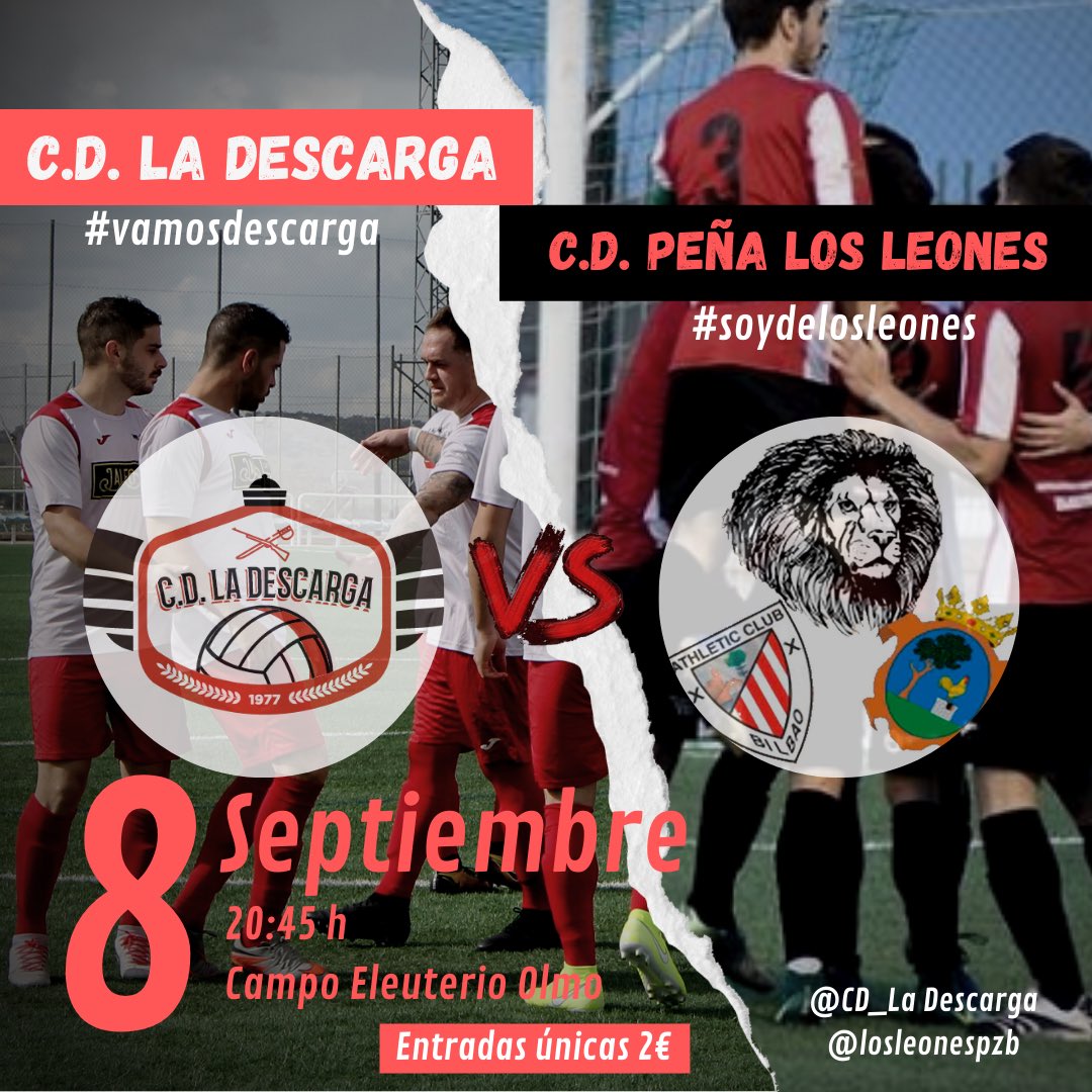🚨PARTIDO ESPECIAL🚨
_
⏰ 20:45 h.
📅 8 de septiembre
🏟 Campo Eleuterio Olmo
💶 2€ la entrada. 
_
🔴 Jugamos entre amigos.
⚫️ Jugamos juntos.
⚪️ Jugamos en familia. 
🦁 <a href="/LosleonesPZB/">C.D. Peña Los Leones</a> 
_
#todosjuntos #vamosdescarga #familia #futbol #vamosalaselva