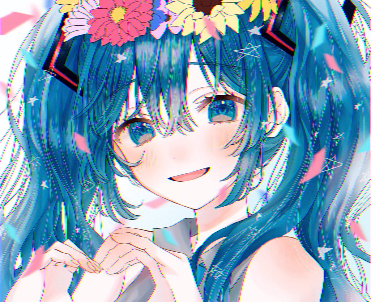 hatsune miku 1girl solo twintails flower long hair smile blue eyes  illustration images