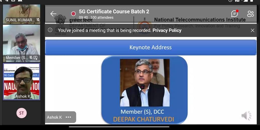 DoT_India's tweet photo. In order to spread awareness about #5Gtechnology, a certification course of 12 Weeks (36 hours) for Govt. officers conducted by #NTIPRIT was inaugurated today by Member (Services), DCC, #DoT virtually from #SancharBhawan, Delhi.
#AzadiKaAmritMahotsav @mygovindia
#Paralympics https://t.co/DqjccarhtB
