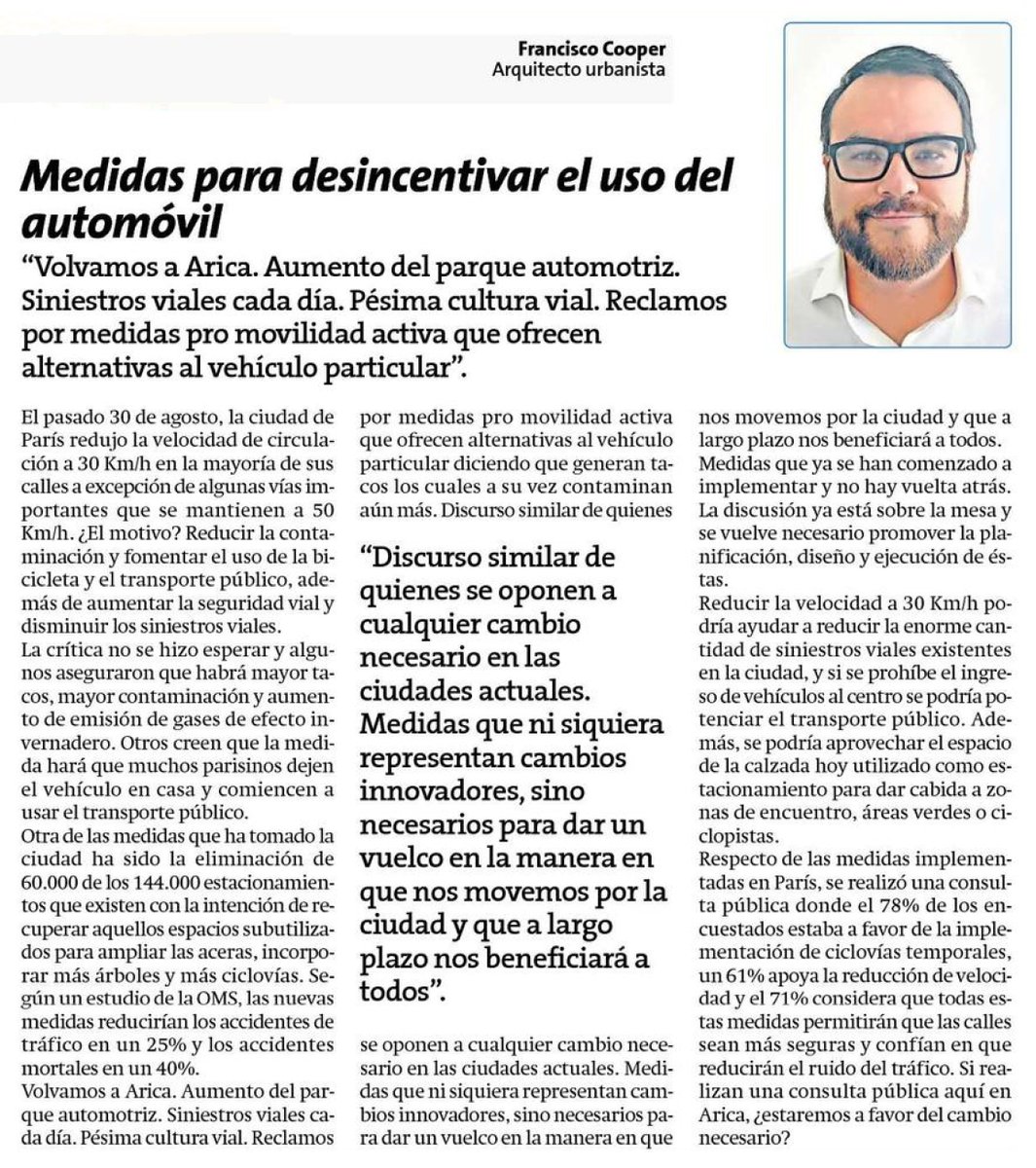 Hoy en <a href="/EstrelladeArica/">Estrella de Arica</a>; reducción de velocidad a 30 Km/h en algunas zonas para reducir siniestros viales, prohibición de ingreso de vehículos al centro y potenciar transporte público en #Arica. #MovilidadUrbana #ConsultaCiudadana para el cambio de paradigma