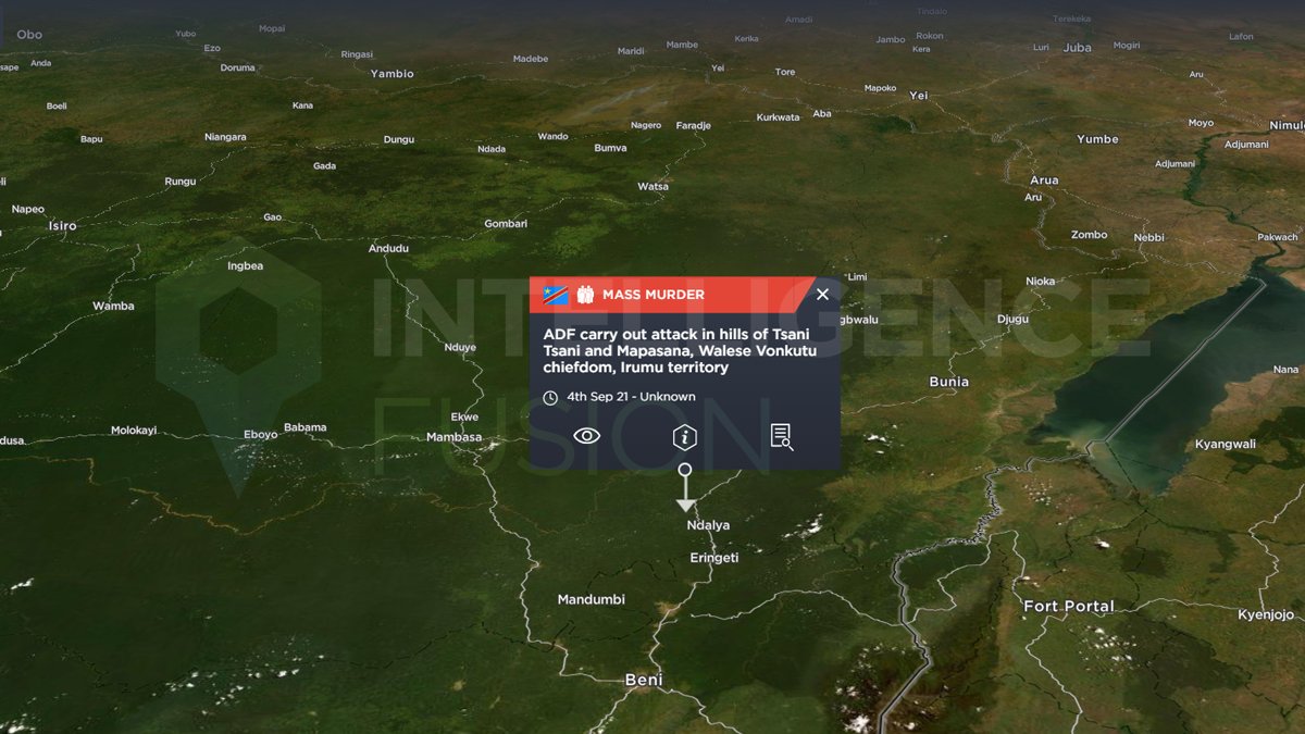 🇨🇩: #ADF carried out an attack in Ituri Province, east #DRC over the weekend reportedly leaving 30 dead, 14 of which were beheadings.

Map via <a href="/IntellFusion/">Intelligence Fusion</a>: intelligencefusion.co.uk