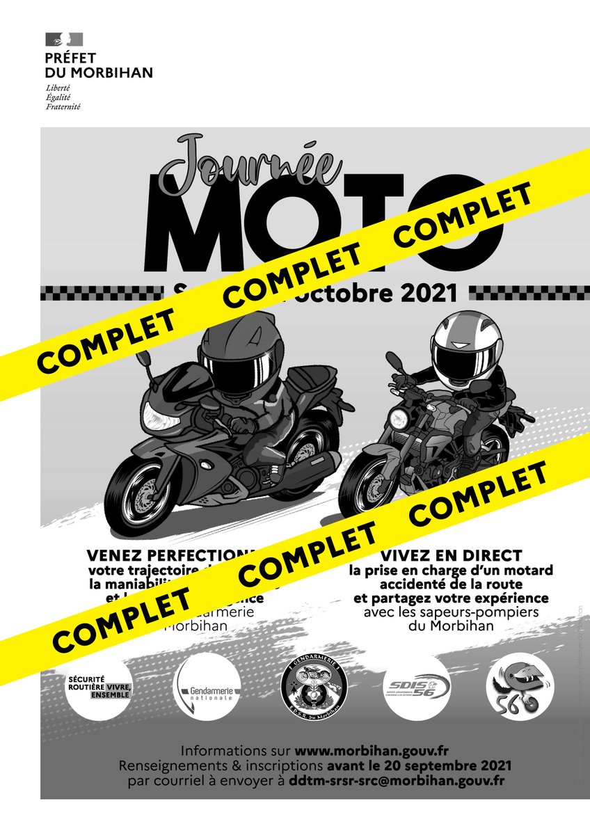 Prefet56's tweet photo. #Sécuritéroutière |
Beau succès pour la Journée Moto organisée par  la sécurité routière du  #Morbihan avec la @Gendarmerie_056 et les Sapeurs-Pompiers du Morbihan le 2 octobre prochain, qui affiche désormais complet.
Merci de ne plus vous inscrire. https://t.co/e78EktplX7