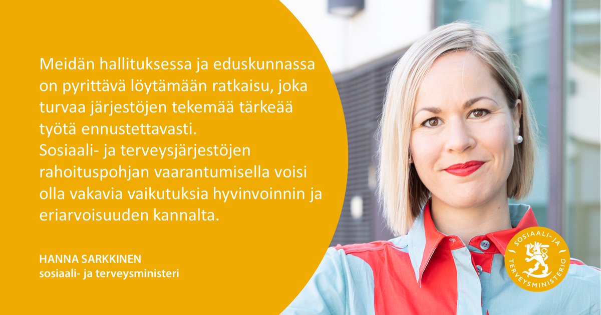 Ministeri <a href="/HSarkkinen/">Hanna Sarkkinen</a> muistuttaa, että sosiaali- ja terveysjärjestöjen itsenäinen toiminta on turvattava tulevassa rahoitusmallissa. 

🔸Lue ministerin koko kolumni: stm.fi/-/sosiaali-ja-…

#sote #järjestöt #rahapelit