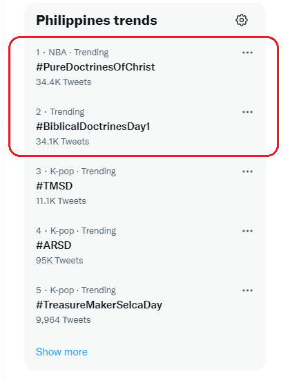 TheLast_Ace's tweet photo. Salamat sa Dios sa pagbubukas muli ng Mass Indoctrination!

Currently at No. 1 &amp; No. 2 at PH Trends!
To God Be The Glory!

#BiblicalDoctrinesDay1
#PureDoctrinesOfChrist https://t.co/zN5fcs2V2R