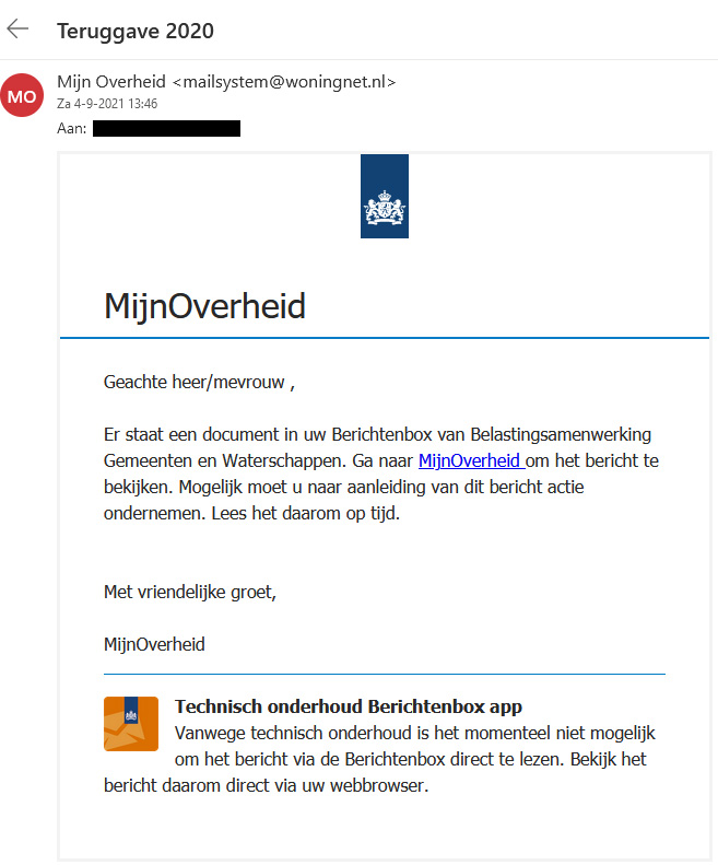 Online criminelen maken misbruik van de naam MijnOverheid met als doel om jouw gegevens en geld te bemachtigen. Bekijk een recent voorbeeld van een phishingmail met de boodschap 'Teruggave 2020.' Trap hier niet in, klik niet op de blauwe link → bnnvara.nl/kassa/artikele… #KassaTV