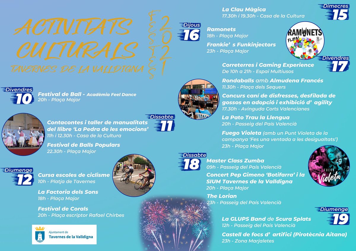 🆕 Tavernes adapta les Festes Majors per a gaudir amb seguretat d’activitats per a tota la població

▶️ L’Ajuntament @tavernesv ha organitzat una gran varietat d’activitats culturals per a menuts i majors entre el dia 10 i el 19 de setembre