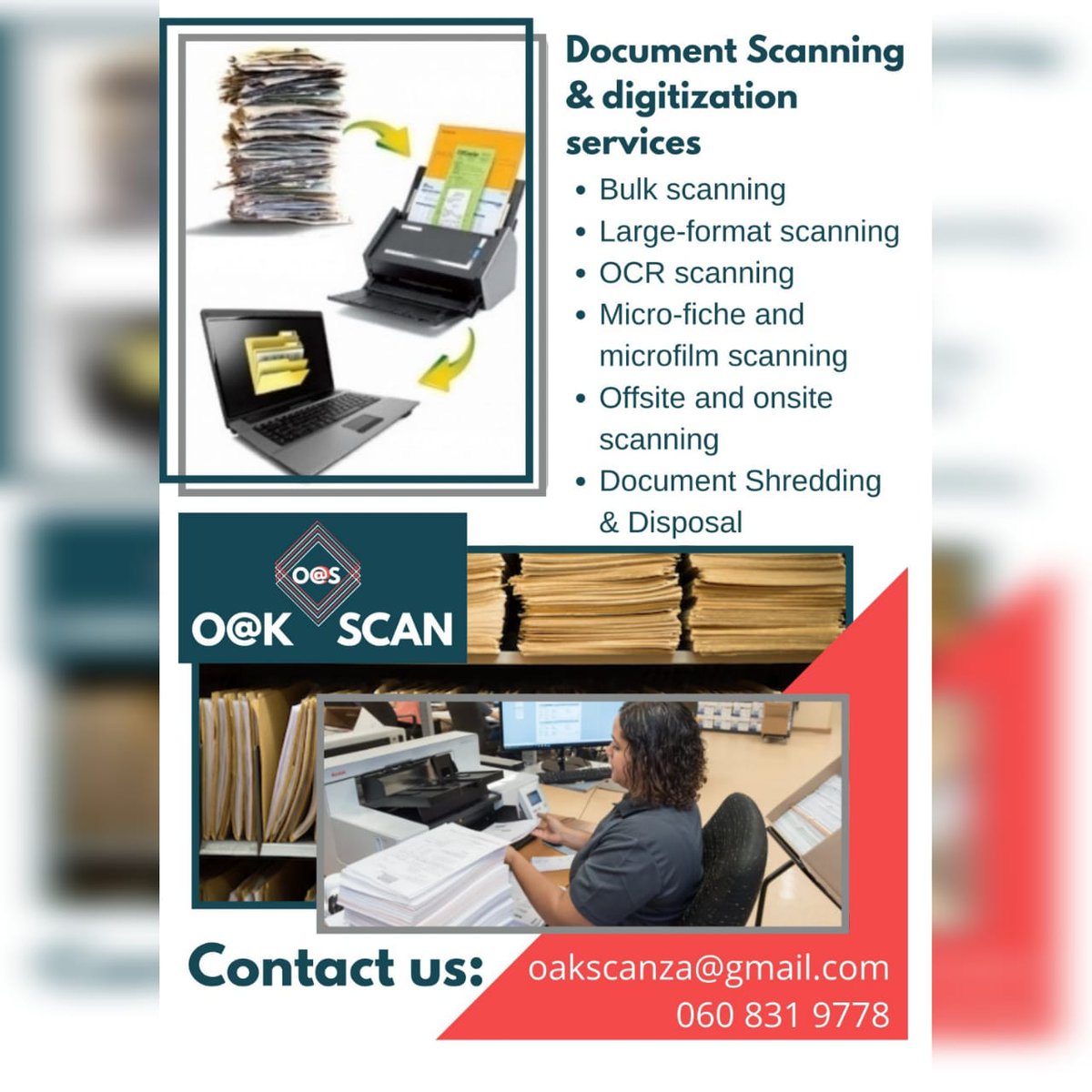 🚨🚨WE DO DOCUMENT SCANNING🚨🚨

We service areas in Gauteng

📲 060-831-9778
💻 oakscanza@gmail.com
🖱️ ourbees.co.za/oakscan

OakScanZA | <a href="/the_smme/">The SMME COUNCIL</a> 
<a href="/alex_township/">Alexandra Township</a>   
<a href="/ClickMzansi/">ClickMzansi</a> 
Document Scanning Services
<a href="/BizKasiApp/">BizKasi App</a>
<a href="/Local_BuysZA_/">Local Buys</a> 
#AskAMan 
#DJSBU
<a href="/rexrts/">Rex Retweets</a>