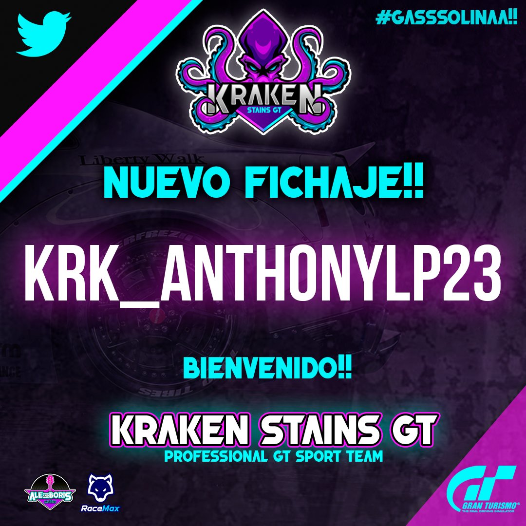 💣  NUEVO FICHAJE!!  💣

🆕 Damos la bienvenida a <a href="/KRK_AnthonyLP23/">KRK_AnthonyLP23</a> que a partir de hoy será nuevo piloto de Kraken Stains GT! 
🐙🔥🏁 #GASSSOLINAA